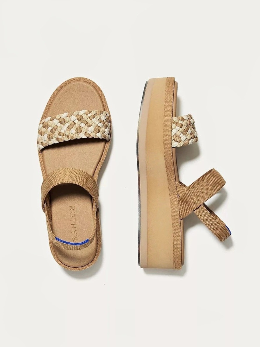 Rothy's The Lightweight Wedge Sandal Woven Platform in Brown & White. Size 9.5